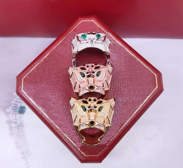

europe america fashion men lady women brass 18k gold black enamel full diamond green eyes zircon leopard head rings, Slivery;golden