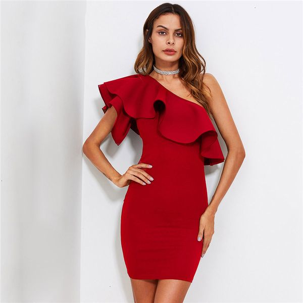 

дизайнер платья женской одежды красный сборки волан одно плечо форма fitting bodycon летнее платье тонкий твердая женщины платье stretchy па, Black;gray