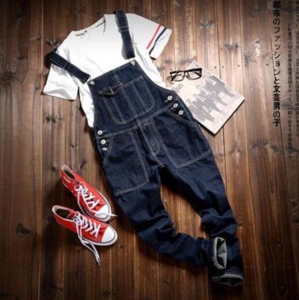 

2017 fashion new mens cargo slim fit skinny jeans overall scratch detachable suspenders pants size -2xl ing, Blue