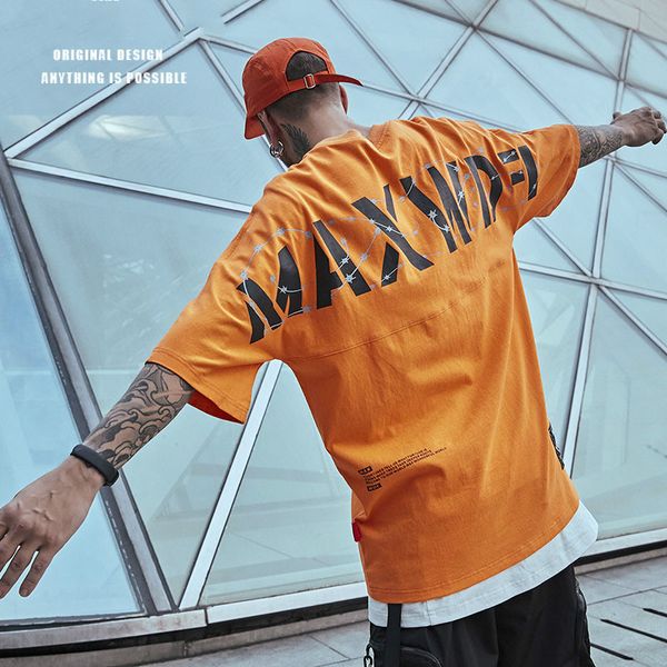 

street tide brand oversize tide hip-hop orange male chinese style half-sleeved loose fat t-shirt, White;black