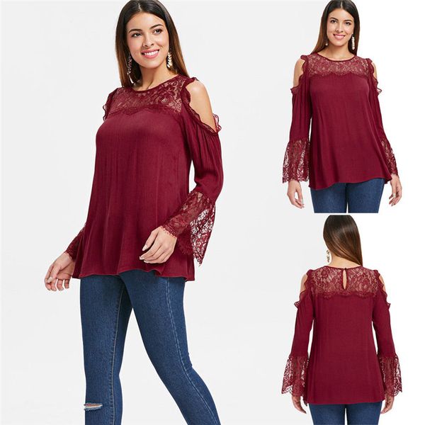 

trendy women clothes off shoulder lace pullover loose t-shirts long sleeve casual summer cotton one pieces, White