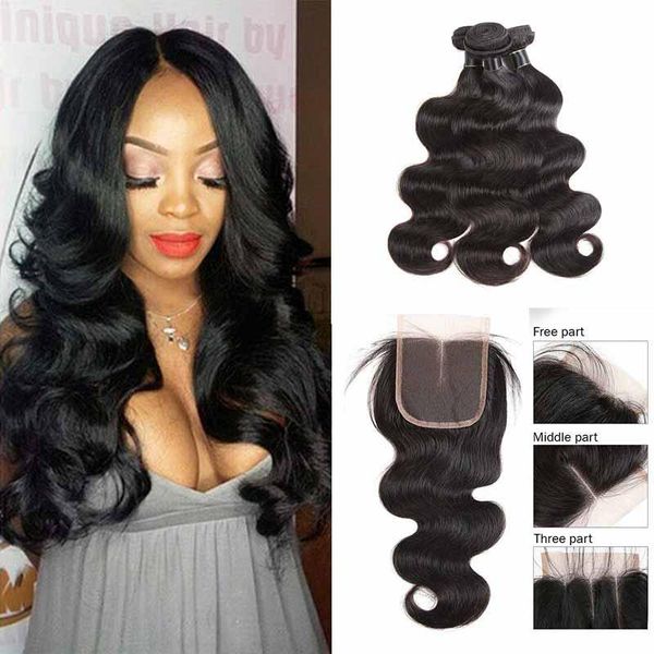 

индийский реми волос закрытие кружева с индийской объемной волной девы плетение волос натуральный черный дешевые пучки волос с 4x4 кружева з, Black