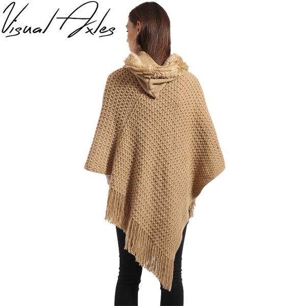

visual axles] women fur poncho 2017 female winter warm knitted hooded sweater poncho plus size, Black