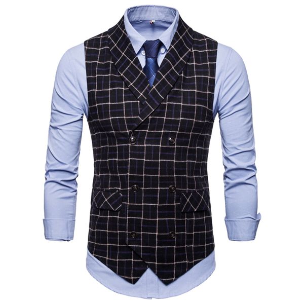 

2018 men's autumn new vest men's self-cultivation comfortable lattice double-breasted business casual vest banquet wedding dress, Black;white