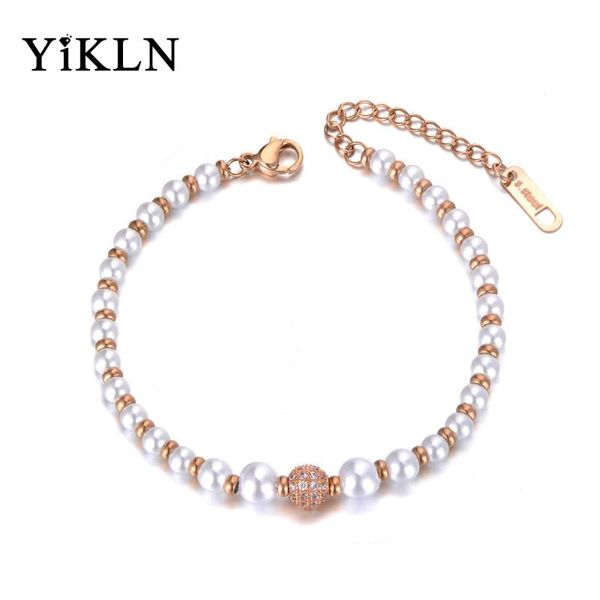 

yikln stainless steel simulated pearl charm bracelets for women girls bohemia cz crystal chain & link bracelet jewelry yb19079, Golden;silver