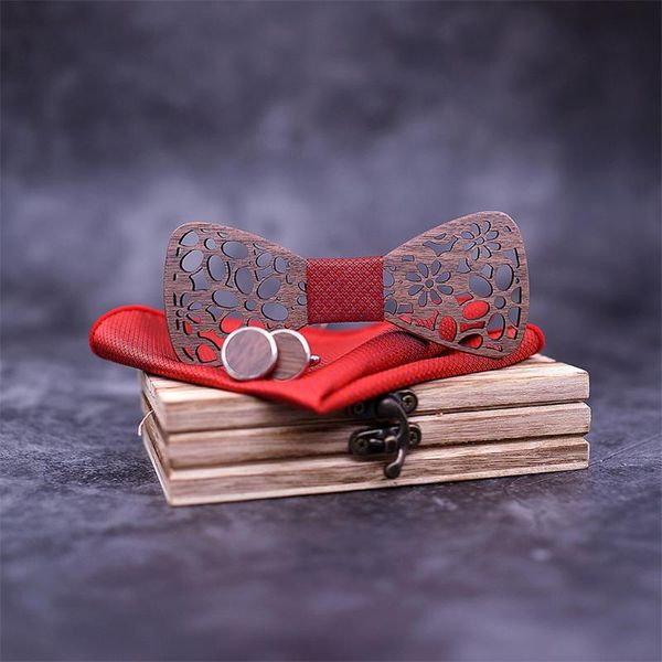 

neck tie set 2021 men chic manual wooden bow handkerchief men's bowtie wood hollow carved and box gift pajaritas para hombre 50, Black;blue