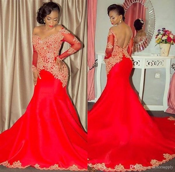 

2020 sexy red prom dresses длинные рукава русалка с плеча золото кружева аппликации вечернее платье 2018 формальные арабские платья партии, Black;red