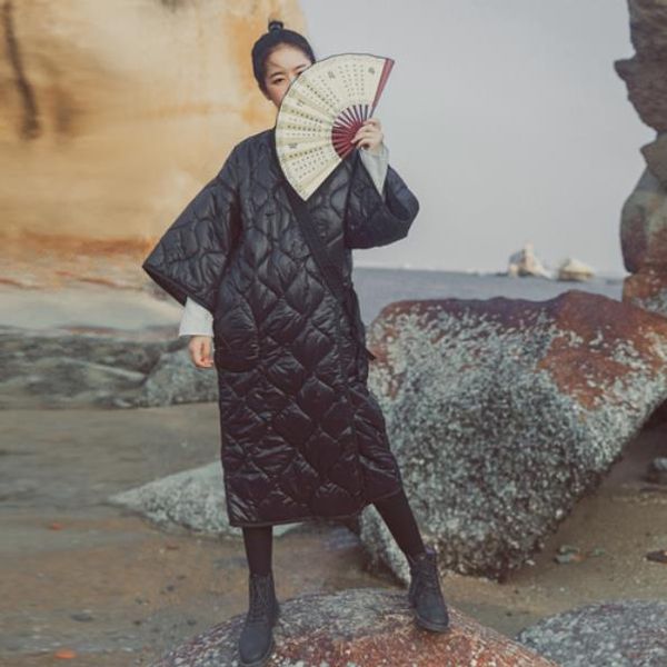 

dark black winter japanese kimono bandage robe loose long cotton padded jacket winter warm long coat lm80, Black;white