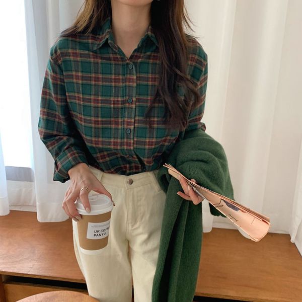 

women's blouses & shirts hzirip dark-green plaid brief chic geometric all-match casual 2021 women loose stylish gentle, White