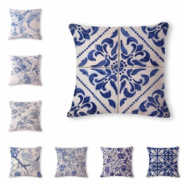 

beautiful blue and white pattern cotton flax pillow back cushion