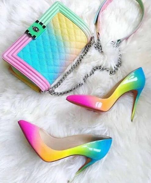 

Brand red bottom ole pump luxury new rainbow patent leather woman high heel pointed toe dre hoe pigalle follie unri e treet hoe