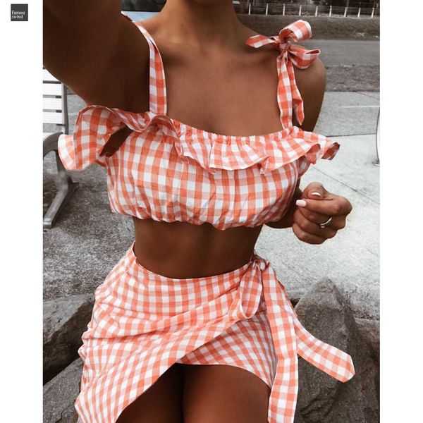 

полиэстер моды набор женщин кусок boho summer beach checkerboard gingham crop top party короткие мини-юбки casual 2 piece set, White