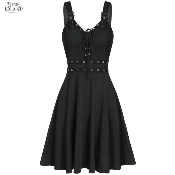 

women mini dresses gothic black deep v neck 2020 fall punk sleeveless rivet fashion tunic hip hop bandage female dress, Black;gray