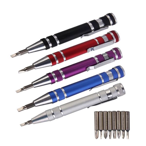 

portable 8 in 1 color aluminum pen style screw driver multi-tool precision mobile phone repair tool kit screwdriver set bits
