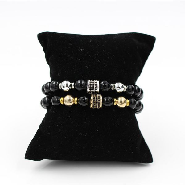 

micro pave black cz gold color tube charm elastic bracelet men women's black onyx stone bead yoga bracelet, Golden;silver