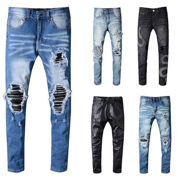 

leisure brand famous design jeans men ripped stylish biker jeans rock style solid red straight men's jeans sale, Blue