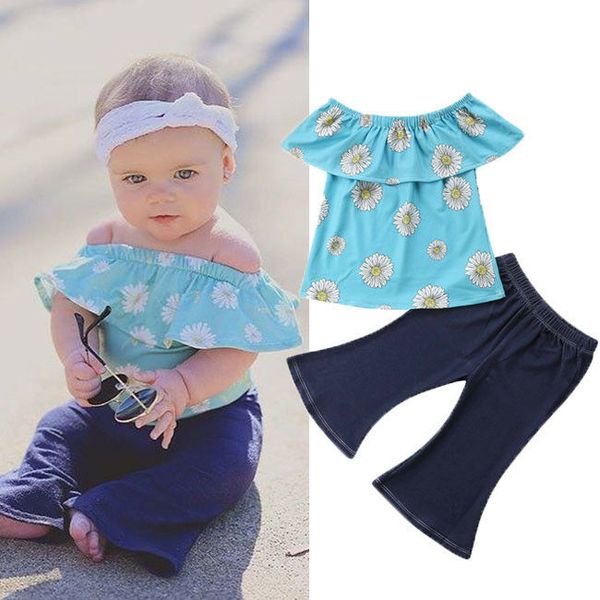 

fashion toddler baby girl flower t-shirt+wide leg flared bell bottom trousers summer 2pcs outfit set, White