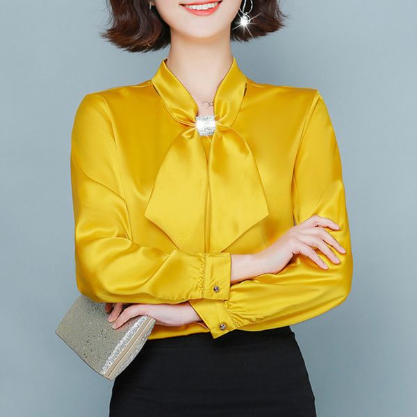 

2020 новый плюс размер желтый женщин топы и блузки лук халаза с длинным рукавом сатин блуза рубашка офиса lady summer top, White