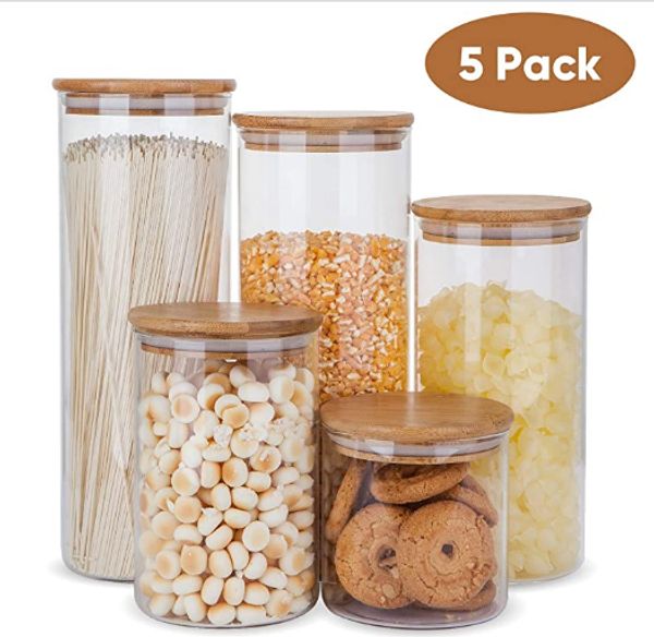 

glass food storage containers set,airtight food jars with bamboo wooden lids - set of 5 kitchen canisters for sugar,candy, cookie, rice and