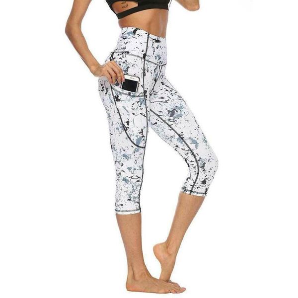 

marble floral printed women sports yoga elastic leggings slim cropped pants, White;red