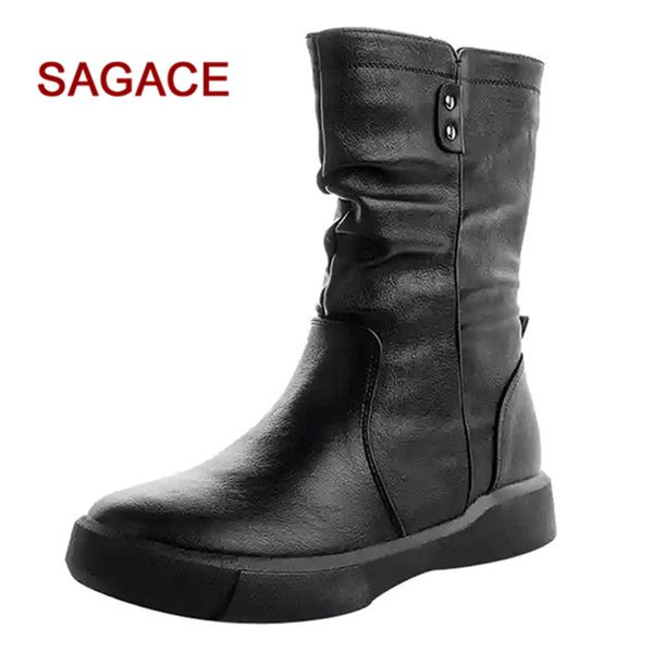 

sagsace women leather boots flat low zipper middle tube boots casual shoes, Black