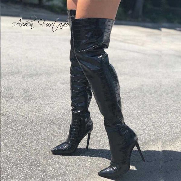 

arden furtado fashion women's shoes winter pointed toe stilettos heels elegant ladies boots pure color over the knee high boots, Black