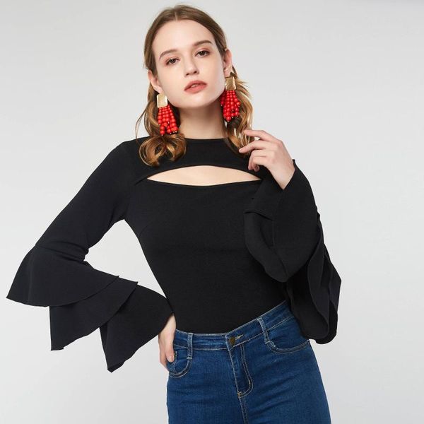 

black flare long sleeve women t-shirts 2020 spring summer casual simple slim fashion elegant hollow out, White