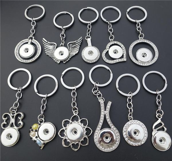 12 Stück Keychain-Sammlungen 18mm Snap-Tasten Sockel Charme Anhänger Schlüsselanhänger Flügel Blumen Herz Eule Marquise Mix Styles