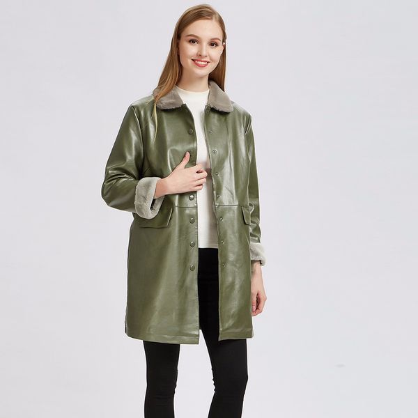 

office ladies elegant pu jackets autumn winter leather warm jackets medium long thicken casual leather coat 5xl, Black;brown