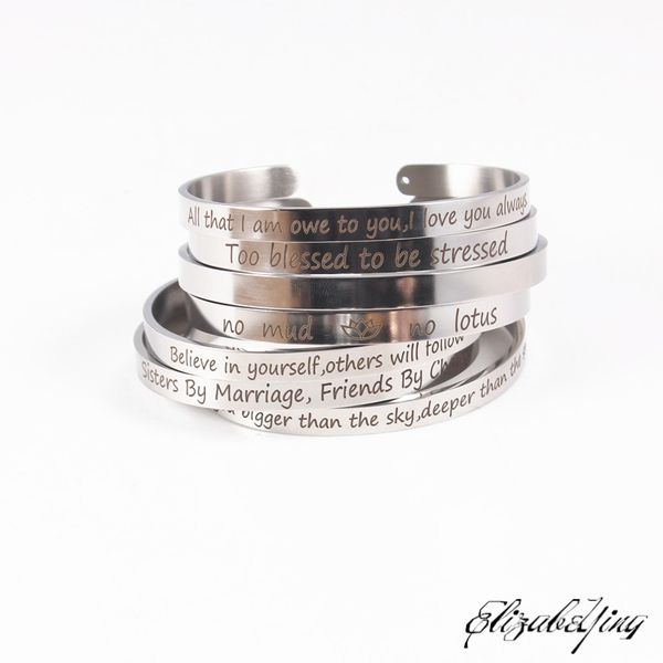 

new 6mm silver stainless steel bangle engraved inspirational quote hand imprint cuff mantra bracelets for women men gift, Black