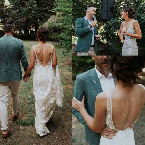 

bohemian backless mermaid wedding dresses 2019 full lace applique v-neck sweep train dancing country garden wedding bridal gown, White