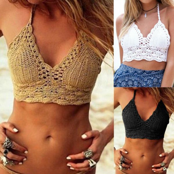 

women crochet lace bralette knit bra boho beach bikini halter cami tank crop top