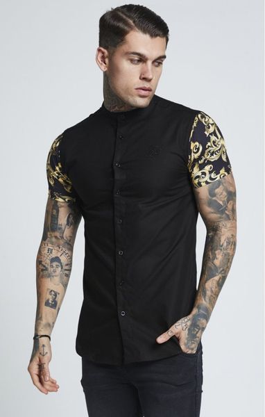 

siksilk s/s grandad collar oxford shirt - black & gold, White;black
