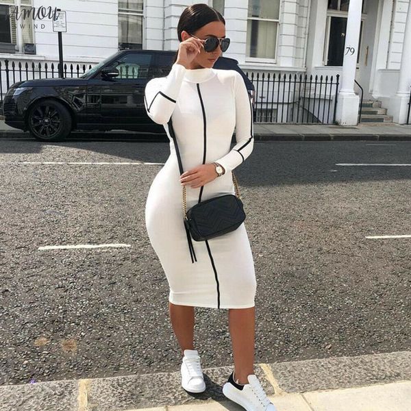 

fashion women contrast color long sleeve temperament fitness summer long sleeve bodycon stretch pencil dress, Black;gray