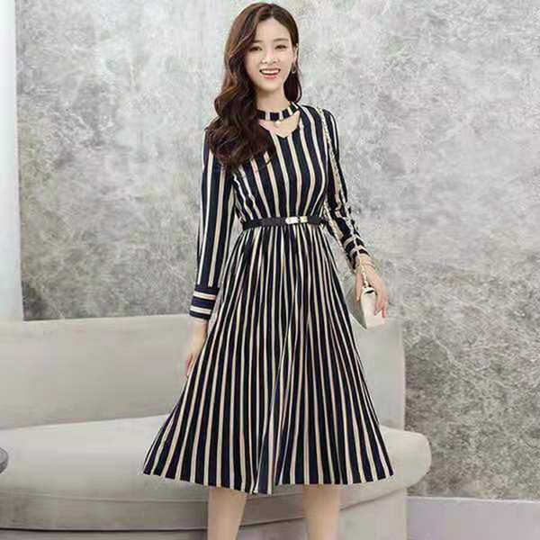

woman designer luxury dress summer casual vintage v-neck elegant clothing striped dresses with pearl pendant belt for free