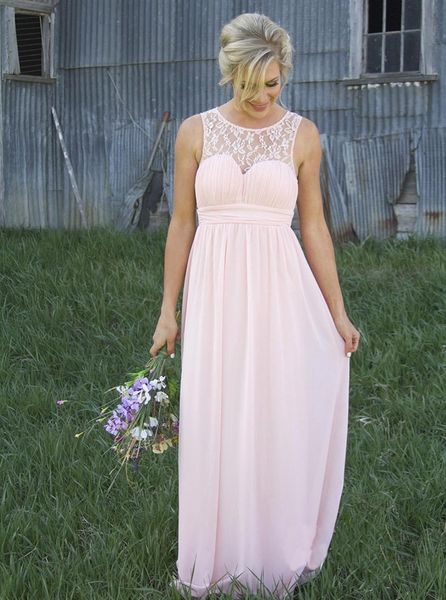 Nuovo Crew Sheer Equipaggio in pizzo Chiffon Abiti rosa pallido Damigella Illusione Stile Back Country Maternità Long Maid of Honor Abiti Hy262