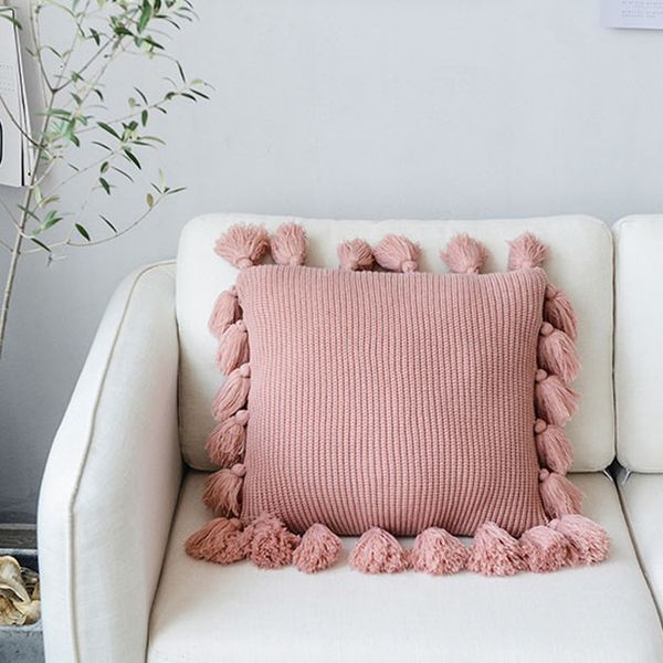 

knitted pillow covers solid color square pillow case soft for sofa bed nursery room cushion case tassels knitting pillowcase