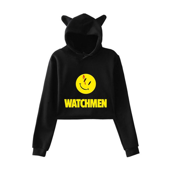 

2019 new science fiction suspense tv show watchmen print fashion trend cat ears women hoodies sweatshirt clothes, Black