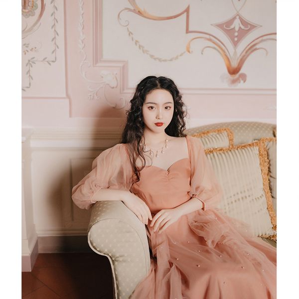 

coral sea 2020 summer new retro square collar orange pink mesh super fairy girls dress a- line skirt tide, Red