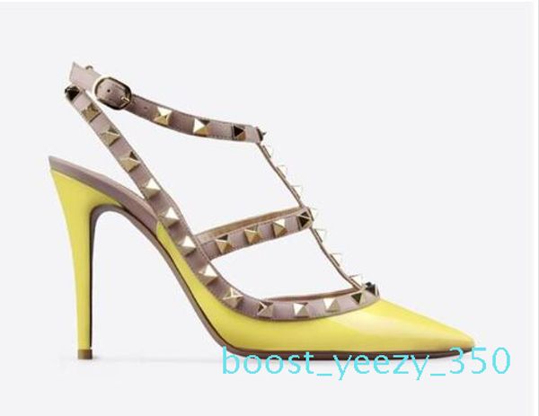 

designer pointed toe 2-strap with studs high heels patent leather rivets sandals women shoes valentine high heel shoes b35, Black