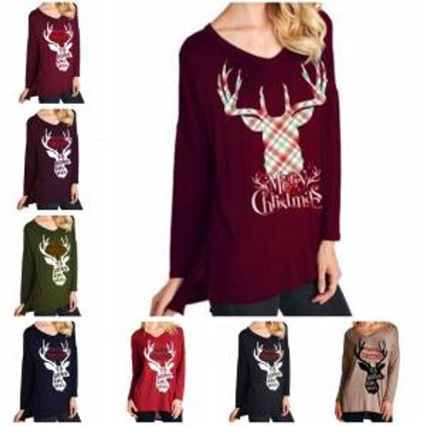 Langarm-T-Shirts, Weihnachts-Shirts, Damen, Weihnachts-Brief-Oberteile, Übergröße, V-Ausschnitt, lässiger Pullover, Hirsch-Elch-T-Shirt, T-Shirts, Blusen, Blusas A6472