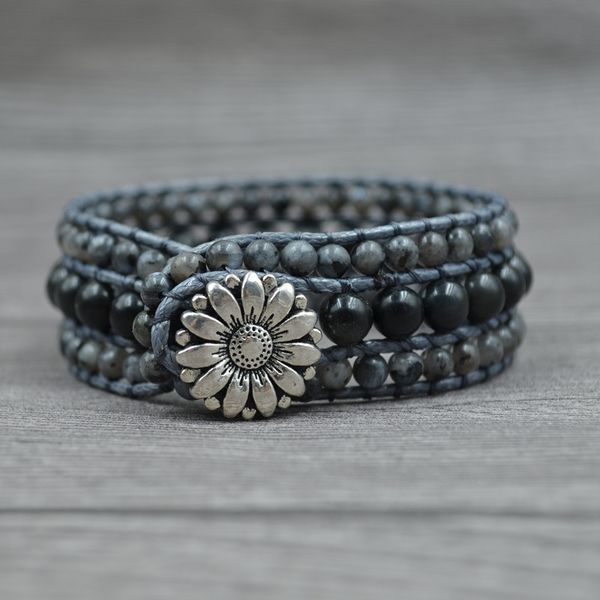 

new hand-woven vintage style bracelet leather rope natural stone beads 3 strands wrap bracelets bangle women men bohemia jewelry, Black