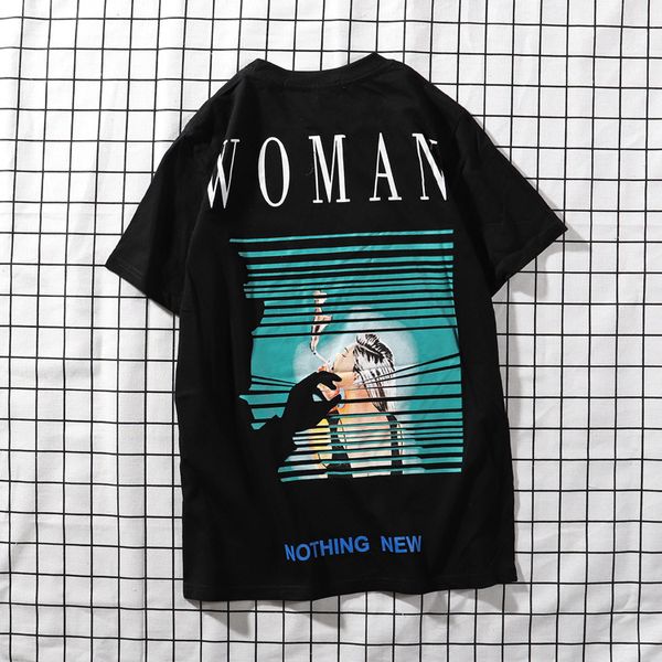 

europe 2019 summer street casual round neck short-sleeved t-shirt girl smoking male and female couple models tide, White;black