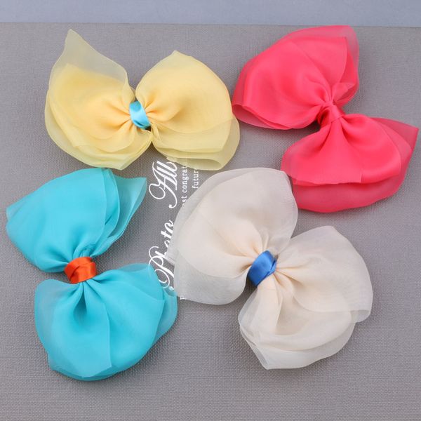 

handmde chiffon fabric ribbon knot bow sticker patch fit girl hair jewelry headband garment ornament accessories135*95mm 10pcs, Golden;white