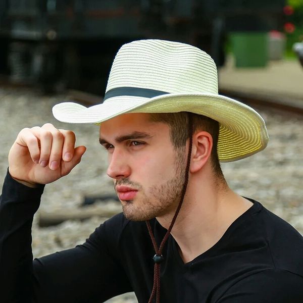 

men's panama straw hats with belt solid straw western cowboy hat with adjustable drawstring middle brim hats for outgoing holiday hikin, Blue;gray