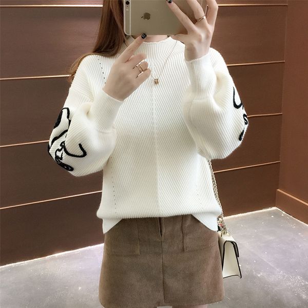 

new fashion 2019 women autumn winter embroidery cat brand sweater pullovers warm knitted sweaters pullover lady, White;black