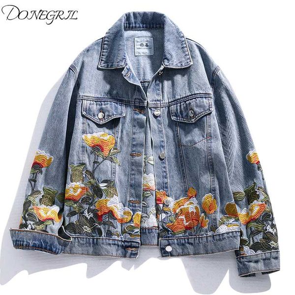 

women's jackets 2021 spring autumn embroidered flower jeans jacket women loose short coat denim vintage casual outerwear womens, Black;brown