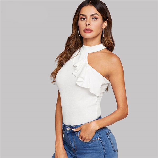 

crop top белый tops танки белый сборки detail асимметричный шея твердая top sexy белье холодной плеча эластичный slim fit highstreet camis, White