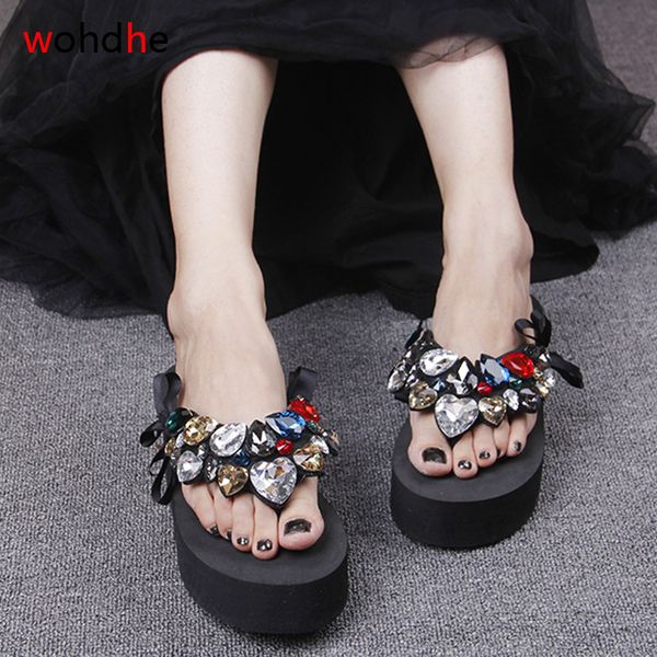 

wohdhe 6cm love rhinestone crystal flip-flops wedges shales platform female slates bling bowknot slippers, Black