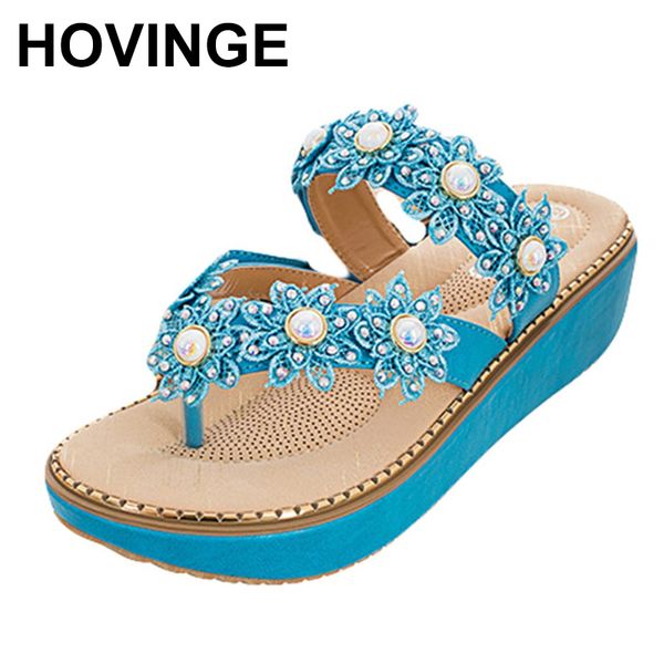 

hovinge new women slippers summer flower rhinestone clip toe thongs woman casual shoes flat non-slip woman beach slippers, Black